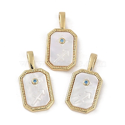 Rack Plating Brass Micro Pave Cubic Zirconia Pendants, with Shell, Long-Lasting Plated, Lead Free & Cadmium Free, Real 18K Gold Plated, Sheild with Twelve Constellations, Sagittarius, 20.5x10x2.5mm, Hole: 4.5x2mm(KK-U032-90G-02)