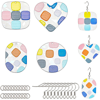 BENECREAT 24Pcs Transparent Clear Acrylic Pendants, 3D Printed, with Film on the Back, Oval & Heart & Flat Round & Square with Square Pattern, Colorful, 40x27.5x2.5mm, Hole: 1.6mm, 6pcs