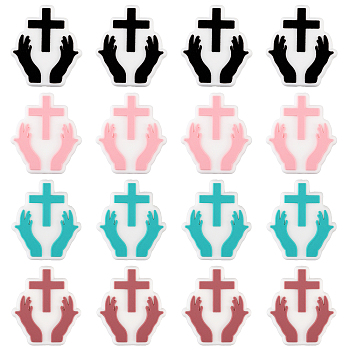 16Pcs 4 Colors Hand with Cross Silicone Beads, DIY Nursing Necklaces and Bracelets Making, Chewing Pendants For Teethers, Mixed Color, 28x24.5x8.5mm, Hole: 2.5mm, 4pcs/color