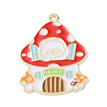 Zinc Alloy Pendant, with Enamel, Mushroom with Bear, Light Gold, Red, 32.5x25x1.5mm, Hole: 1.6mm