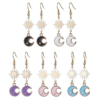 Alloy Enamel Moon & Brass Star Dangle Earrings, with 304 Stainless Steel Earring Pins, Mixed Color, 50x13.5mm