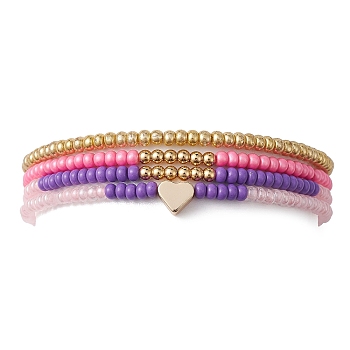 4Pcs 4 Style Brass Heart & Glass Seed Beaded Stretch Bracelets Set, Stackable Bracelets, Mixed Color, Inner Diameter: 2-1/8 inch(5.5cm), 1Pc/style