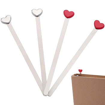 4Pcs 2 Colors 201 Stainless Steel Bookmarks, Alloy Heart Top Book Marker, Stainless Steel Color, 130x16.5x5mm