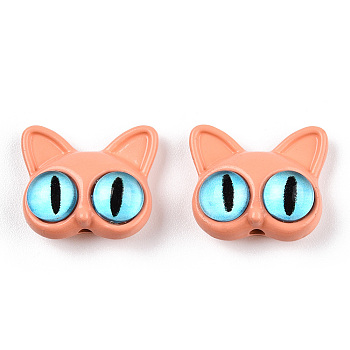 Spray Painted Alloy Beads, with Glass Eye, Cat Head, Light Salmon, 14x16.5x7mm, Hole: 1.5mm
