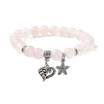 Natural Rose Quartz Round Beaded Stretch Bracelets, with Tibetan Style Alloy Heart Charms, Inner Diameter: 2 inch(5cm)