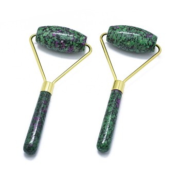 Natural Ruby in Zoisite Brass Face Massager, Facial Rollers, Golden, 140.5x62.5x25mm