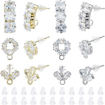 24Pcs 6 Style Brass Micro Pave Clear Cubic Zirconia Stud Earring Findings, with Loop, with 50Pcs Plastic Ear Nuts, Rectangle & Leaf & Flat Round, Platinum & Golden, 10.5~17x6~10mm, Pin: 0.7mm, 4pcs/style