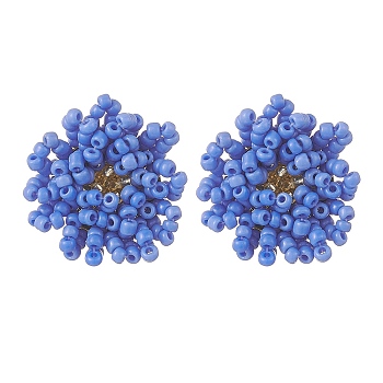 Glass Seed Braided Beaded Flower Stud Earrings, Golden 304 Stainless Steel Jewelry for Women, Royal Blue, 25~27x22~23mm, Pin: 0.8mm