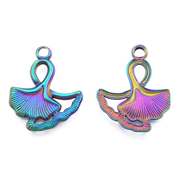 Ion Plating(IP) 201 Stainless Steel Pendants, Ginkgo Leaf, Rainbow Color, 24x19x2mm, Hole: 2mm