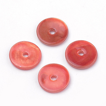 Spray Painted Natural Freshwater Shell Beads, Disc, Coral, 13x2mm, Hole: 2mm
