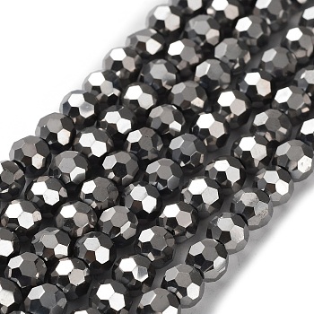 Faceted(32 Facets) Electroplate Glass Bead Strands, Round, Silver Plated, 6x5mm, Hole: 1mm, about 100pcs/strand, 21 inch