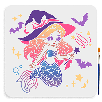 US 1Pc Halloween PET Hollow Out Drawing Painting Stencils, with 1Pc Art Paint Brushes, for DIY Scrapbook, Photo Album, Mermaid, 300x300mm