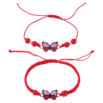 Adjustable Nylon Braided Bead Bracelets, Alloy Butterfly Link Bracelets for Women, Dark Red, Inner Diameter: 5/8 ~3-3/8 inch(1.5~8.5cm), 2pcs/set