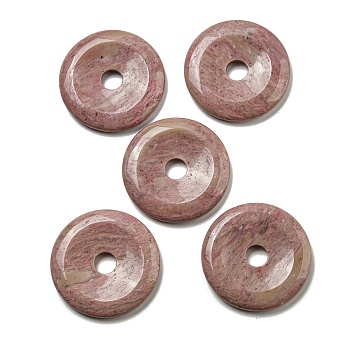Natural Rhodonite Pendants, Donut/Pi Disc Charms, 50x6.5~7.5mm, Hole: 10mm
