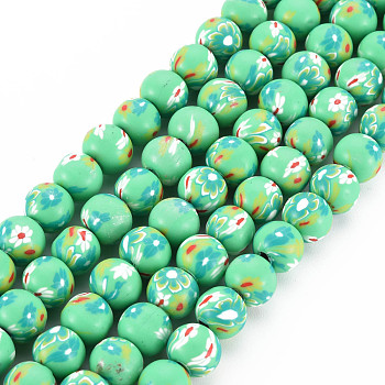 Handmade Polymer Clay Beads Strands, Round, Spring Green, 8~9x8mm, Hole: 1.8mm, about 40pcs/strand, 12.80 inch~12.99 inch(32.5~33cm)