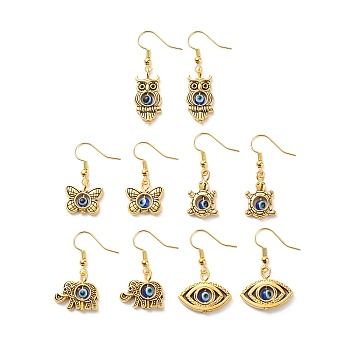 Alloy Animal with Resin Evil Eye Beaded Dangle Earring, Golden Brass Jewelry for Women, Mixed Patterns, 31~41mm, Pin: 0.5mm