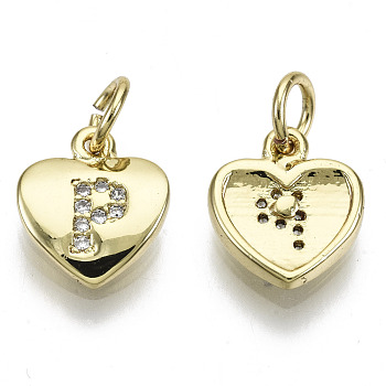 Brass Micro Pave Clear Cubic Zirconia Charms, with Jump Ring, Heart with Letter, Real 16K Gold Plated, Nickel Free, Letter.P, 10x9x2mm, Jump Ring: 5x1mm, 3mm inner diameter