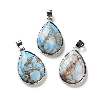 Natural Apatite Pendants, Rack Plating Brass Teardrop Charms, Platinum, Long-Lasting Plated, Lead Free & Cadmium Free, 30x19.5x6~7mm, Hole: 4x5mm