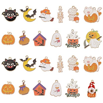 24Pcs 12 Style Halloween Theme Alloy Enamel Pendants, Light Gold, Bat & Haunted House &umpkin Jack-O'-Lantern with Ghost & Jar, Mixed Color, 20~32.5x10~29x1~3mm, Hole: 1.4~2mm, 2pcs/style