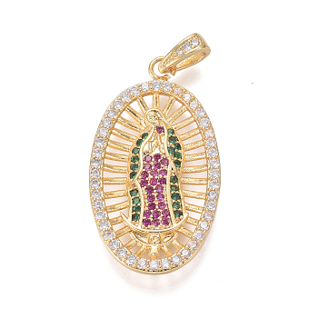Religion Theme Brass Micro Pave Cubic Zirconia Pendants, Lady of Guadalupe Charms, Oval with Virgin Mary, Colorful, Golden, 31.5x17.5x3mm, Hole: 2.5x4mm