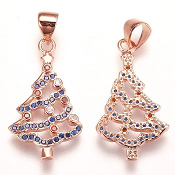 Brass Micro Pave Cubic Zirconia Pendants, Christmas Tree, Colorful, Rose Gold, 23x13x2mm, Hole: 3x5mm