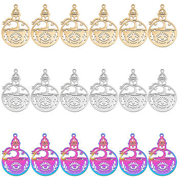 18Pcs 3 Colors 304 Stainless Steel Pendant, Hollow Charms, Bottle with Eye, Mixed Color, 30x19.5x1.5mm, Hole: 1.4mm, 6pcs/color