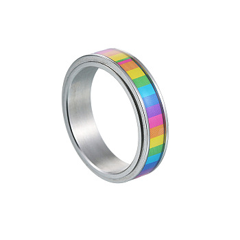 Rainbow Color Pride Flag Enamel Rectangle Rotating Ring, Stainless Steel Fidge Spinner Ring for Stress Anxiety Relief, Stainless Steel Color, US Size 7(17.3mm)