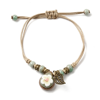 Adjustable Handmade Porcelain Flower Beads Braided Beads Bracelets, Alloy Leaf Charm Bracelets for Women, Aquamarine, 7-1/8 inch(18cm)
