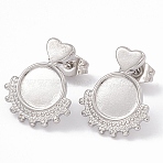 Non-Tarnish 304 Stainless Steel Stud Earring Findings, Heart with Round Tray Earring Settings, with Ear Nuts, Stainless Steel Color, 17x14mm, Pin: 0.6mm, Tray: 8mm(EJEW-G338-02P)