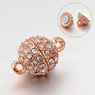 Round Alloy Rhinestone Magnetic Clasps with Loops, Rose Gold, 16x10mm, Hole: 1mm(X-ALRI-E123-02RG)