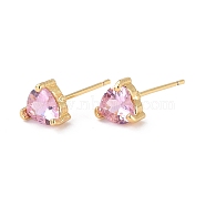 Dainty Heart Pink Cubic Zirconia Stud Earrings for Her, Cadmium Free & Lead Free, Real 18K Gold Plated, 7x7.5x4.5mm, Pin: 0.8mm(EJEW-C002-11G-RS)