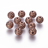 Tibetan Style Zinc Alloy Beads, Textured Round, Cadmium Free & Nickel Free & Lead Free, Red Copper, 8mm, Hole: 1mm(PALLOY-ZN191-R-FF)