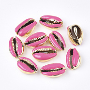 Electroplated Cowrie Shell Beads, with Enamel, No Hole/Undrilled, Golden, Hot Pink, 18~20x12~14x6~7.5mm(X-SSHEL-T008-11G-05)