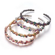 Brass Cuff Bangles, with Cubic Zirconia, Mixed Color, 2-1/4 inchx1-3/4 inch(5.8x4.5cm)(BJEW-P245-01)