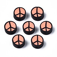 Handmade Polymer Clay Beads, Flat Round with Peace Sign, Light Salmon, 9~10x4.5mm, Hole: 1.6mm(CLAY-N007-006-03)