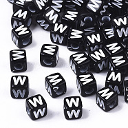 Opaque Acrylic Beads, Horizontal Hole, Alphabet Style, Cube, Black & White, Letter.W, 5x5x5mm, Hole: 2mm, about 5000pcs/500g(SACR-N002-01W)