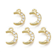Brass Micro Pave Clear Cubic Zirconia Charms, Nickel Free, Moon, Real 18K Gold Plated, 12x8x2mm, Hole: 1.2mm(ZIRC-T015-002G-NF)