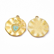 Vacuum Plating 201 Stainless Steel Enamel Pendants, Real 18K Gold Plated, Flat Round with Sacred Heart Charm, Aqua, 22x19.5x1.7mm, Hole: 1.3mm(STAS-J401-VC1025)