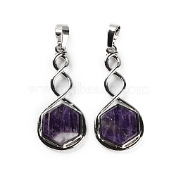 Natural Amethyst Pendants, Rack Plating Brass Hexagon Charms, Lead Free & Cadmium Free, Platinum, 37.5x17x4.5~5mm, Hole: 6.5x5mm(G-F777-05P-07)