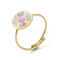 Ion Plating(IP) Flat Round with Flower 304 Stainless Steel Enamel Ring, Nickel Free, 316 Surgical Stainless Steel Open Cuff Ring for Women, Real 18K Gold Plated, Adjustable(RJEW-A038-07G)