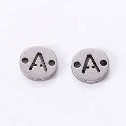 201 Stainless Steel Links, Laser Cut, Flat Round with Letter, Letter.A, 6x6x1mm, Hole: 0.8mm(STAS-R112-01A)