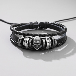 Cowhide & PU Leather Braided Triple Layer Multi-strand Bracelet, Alloy Skull Beaded Adjustable Bracelet, Black, 6-3/4 inch(17cm)(PW-WG64555-01)