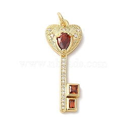 Rack Plating Brass Micro Pave Cubic Zirconia Pendants, with Glass Crystal, Long-Lasting Plated, Lead Free & Cadmium Free, with Jump Ring, Key, Dark Red, 32x12x4.5mm, Hole: 3mm(KK-U022-16B-02)