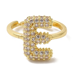 Rack Plating Letter Brass Micro Pave Clear Cubic Zirconia Adjustable Rings for Women, Real 18K Gold Plated, Letter E, 15x10mm, Inner Diameter: 17mm(KK-S391-03G-E)