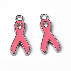 Breast Cancer Pink Awareness Ribbon Alloy Enamel Pendants, Lead Free and Cadmium Free, Platinum Metal Color, 19x8x1mm, Hole: 2mm(X-EA546Y-2)