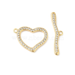 Brass Micro Pave Clear Cubic Zirconia Toggle Clasps, Heart, Real 18K Gold Plated, Heart: 17x22.5x2mm, Hole: 1.6mm, Bar: 7x29.5x2.5, Hole: 1.6mm(KK-P234-79G)