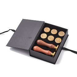 (Defective Closeout Sale: Oxidation) Random Style Wax Seal Stamp Set, Including 8Pcs Brass Wax Seal Stamp Heads and 2Pcs Wood Handles, with Gift Box, Mixed Patterns, Golden, 150x107x42mm, Stamp Heads: about 25.5x14.5mm, Hole: 7mm, Random 8 styles, 1pc/style(DIY-XCP0002-06)