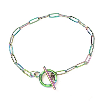 Unisex Vacuum Plating 304 Stainless Steel Paperclip Chain Bracelets, with Toggle Clasps, Rainbow Color, 7-7/8 inch(20cm)