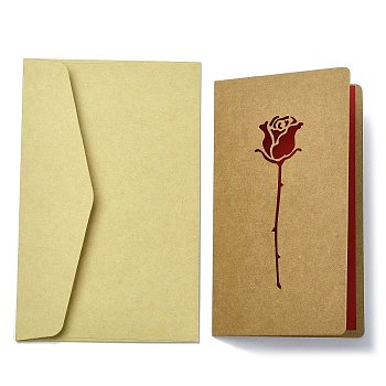 Kraft Paper Greeting Cards, Tent Card, Mother's Day Theme, with Envelope, Rectangle, Flower, 187x118x0.5mm