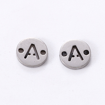 201 Stainless Steel Links, Laser Cut, Flat Round with Letter, Letter.A, 6x6x1mm, Hole: 0.8mm